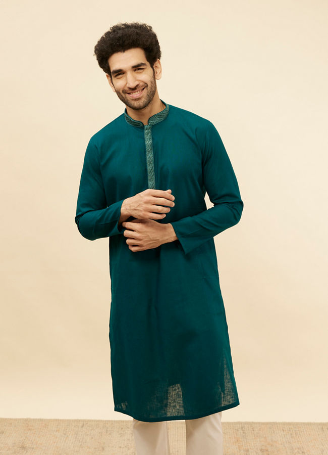 Manyawar Teal Blue Embroidered Neckline Kurta Set - India shopping