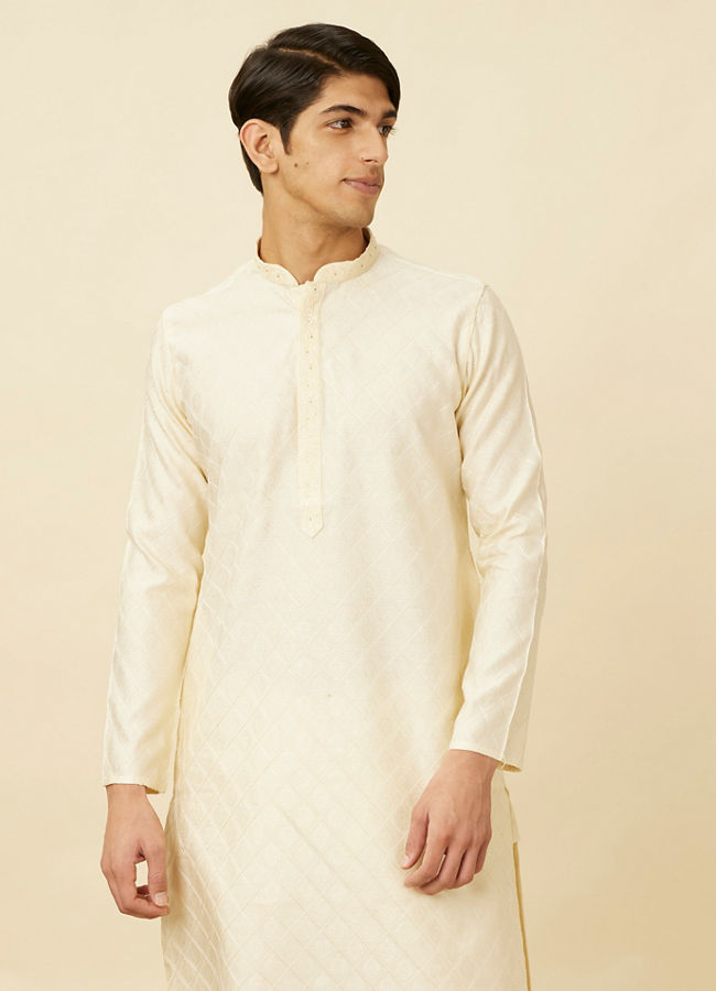 Manyawar Vanilla White Diamond Patterned Kurta Set - India shopping