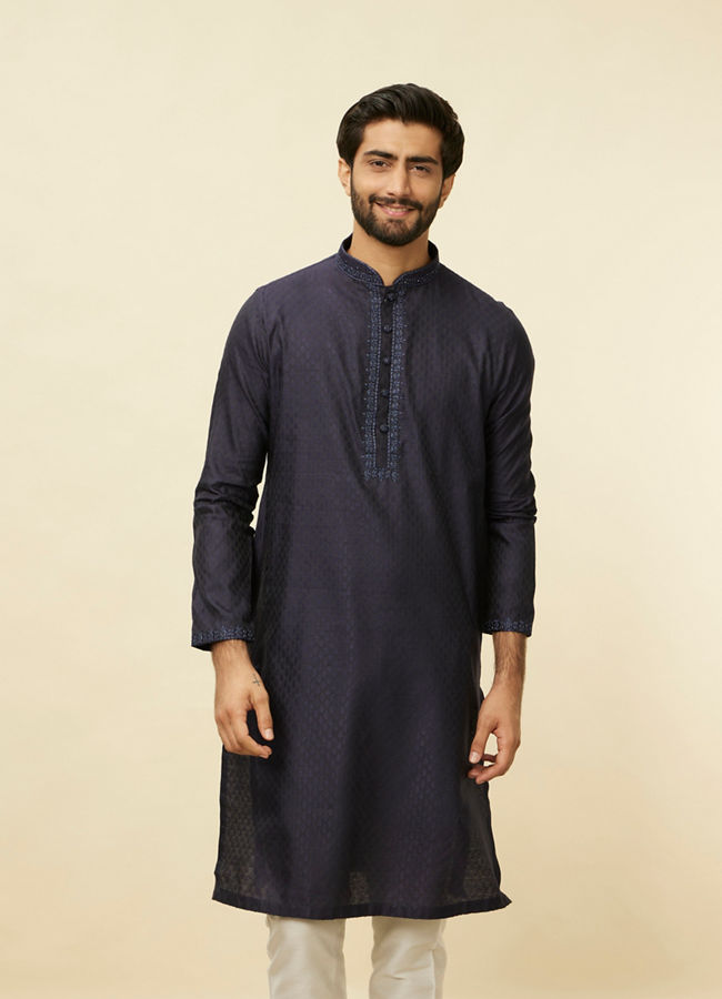 Manyawar Midnight Blue Embroidered Neckline Kurta Set - India shopping