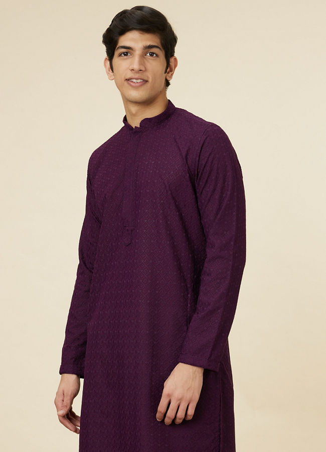 Manyawar Jamun Purple Jaal Patterned Chikankari Kurta Set - India shopping