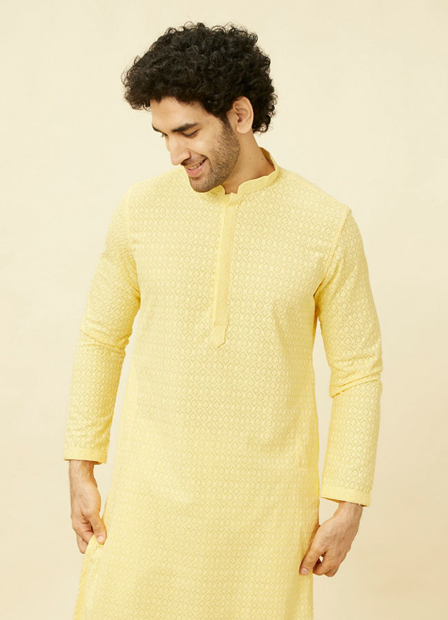 Manyawar Lemon Drop Yellow Chikankari Embroidered Kurta Set - India shopping