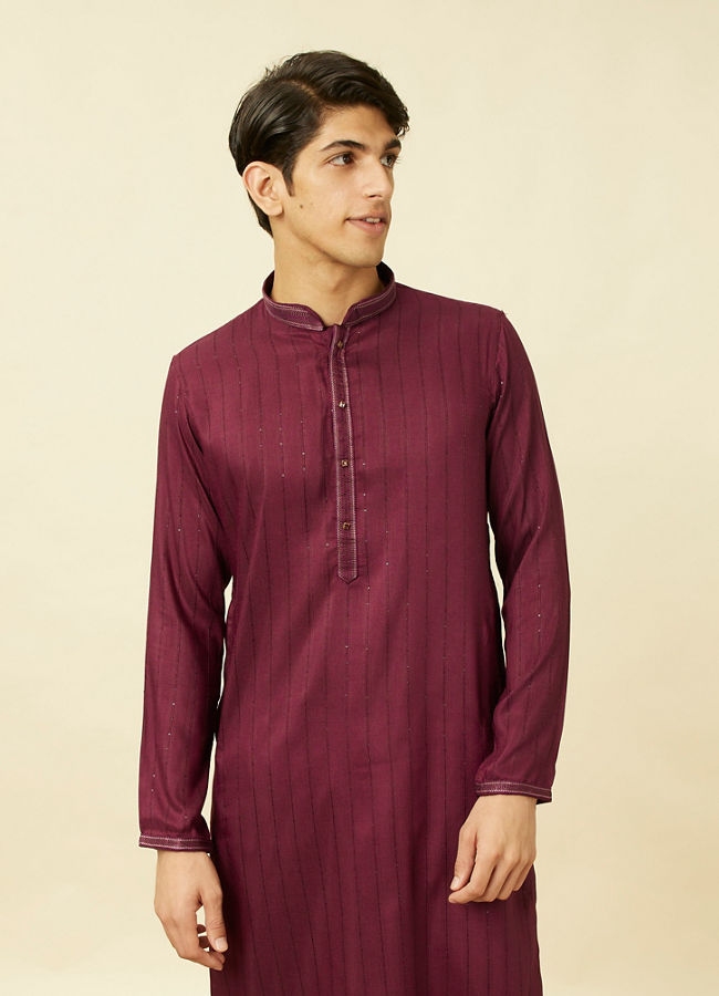 Manyawar Muave Wine Vertical Striped Kurta Set - India shopping