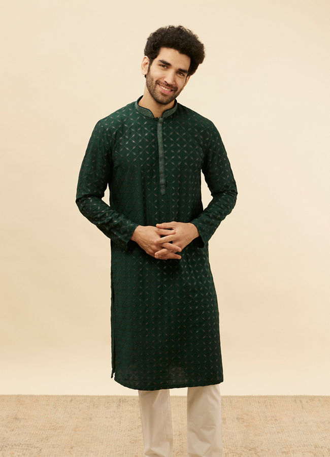 Manyawar Empire Green Lattice Embroidered Kurta - India shopping
