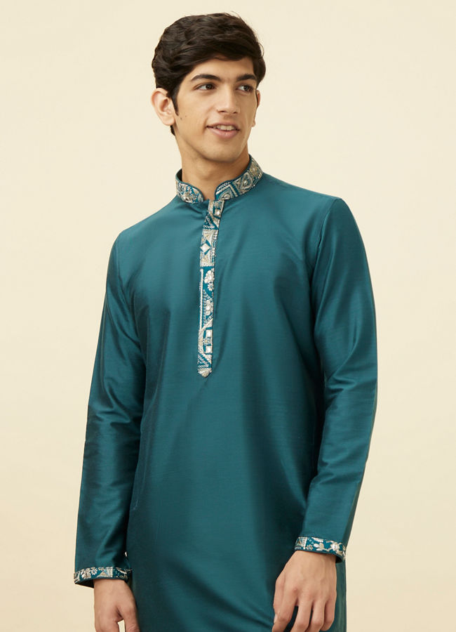 Manyawar Crystal Teal Blue Embroidered Neckline Kurta Set - India shopping