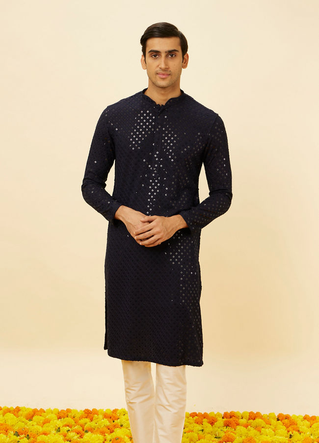Manyawar Midnight Blue Sequined Kurta Set - India shopping