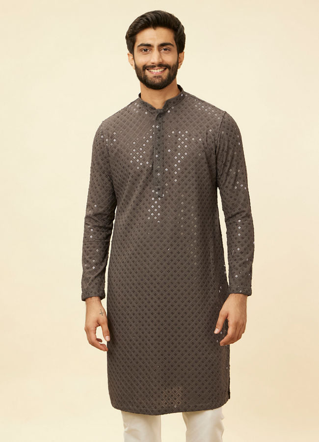 Manyawar Ash Grey Chikankari Embroidered Sequinned Kurta Set - India shopping