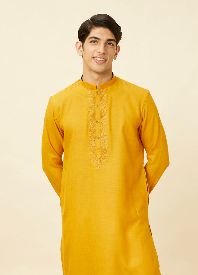 Manyawar Sunrise Yellow Kurta Set with Embroidered Placket - India shopping