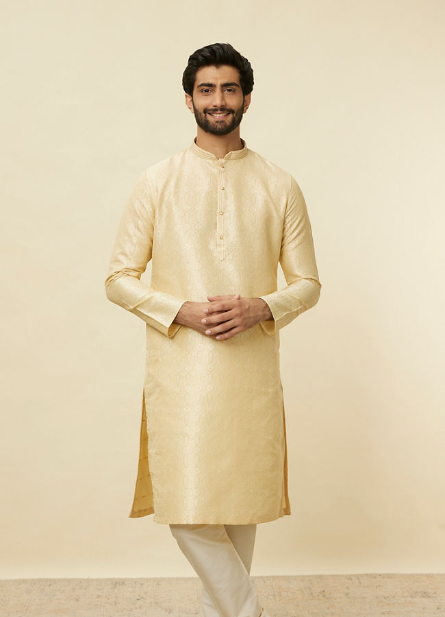 Manyawar Mellow Yellow Ogee Patterned Kurta Set - India shopping