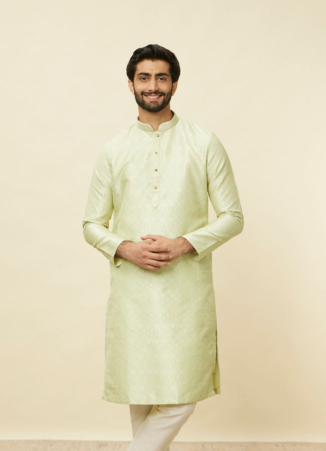 Manyawar Tea Green Ogee Patterned Kurta Set - India shopping