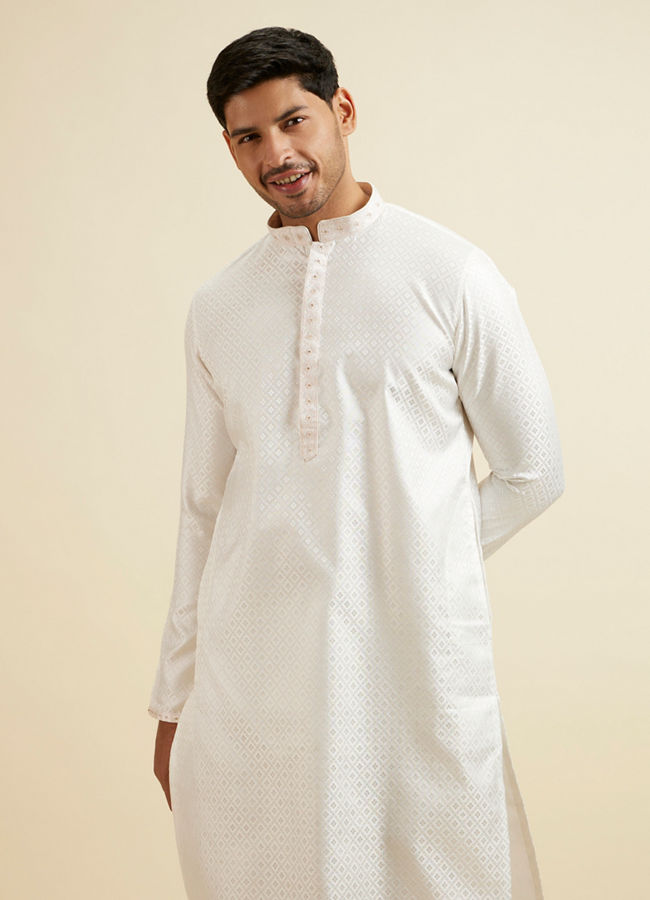 Manyawar Sea Shell White Jacquard Kurta Pajama - India shopping