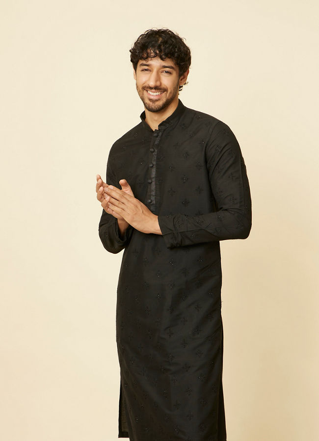 Manyawar Kohl Black Self Patterned Kurta Set - India shopping