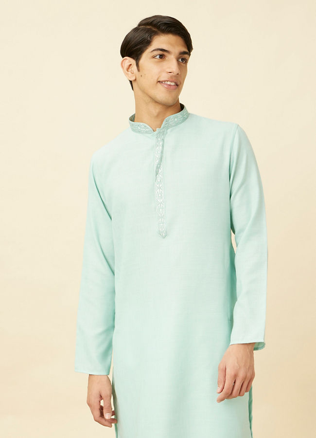 Manyawar Tropical Blue Embroidered Neckline Kurta Set - India shopping