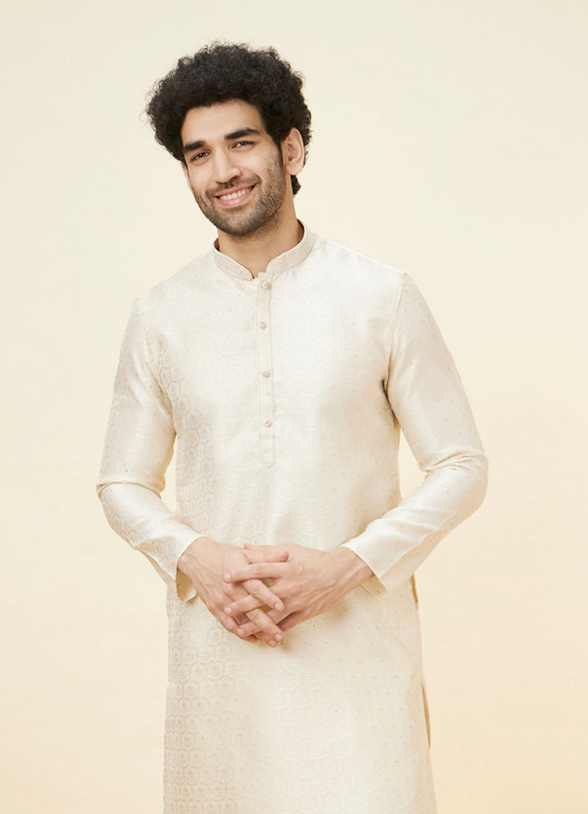 Manyawar Soft Cream Jaal Patterned Kurta Set - India shopping