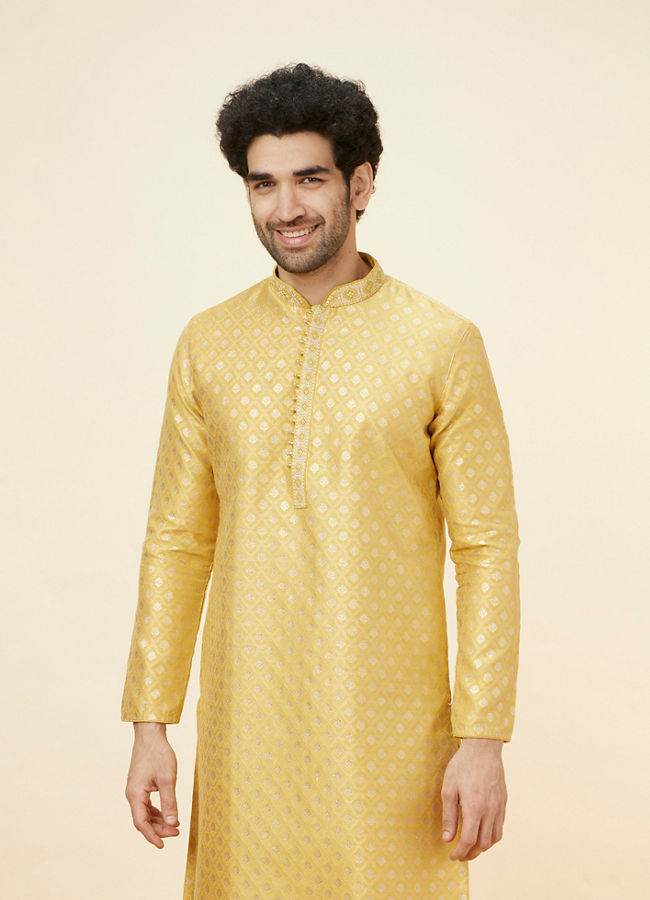Manyawar Canary Yellow Buta Patterned Kurta Set - India shopping