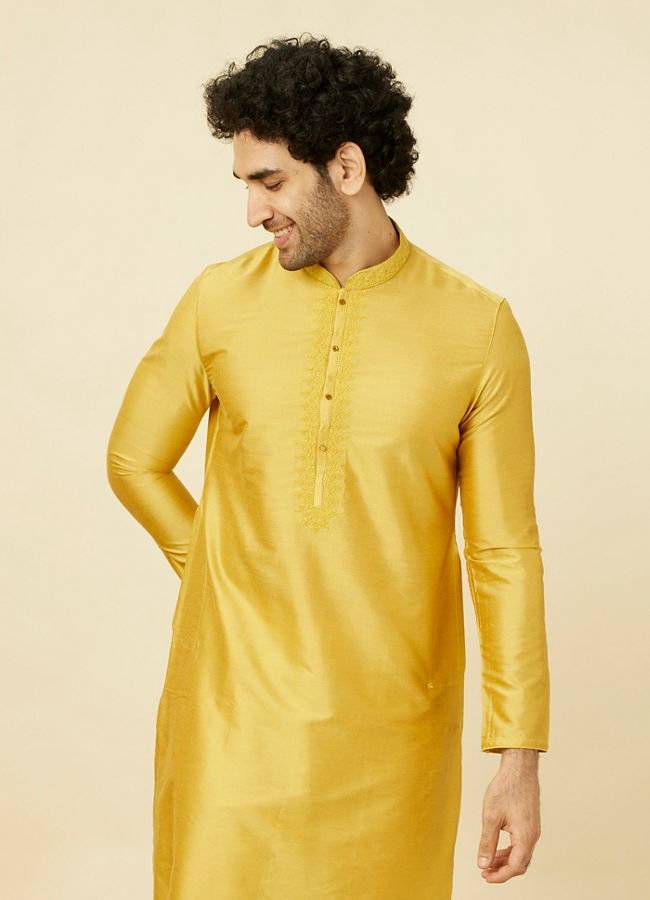 Manyawar Amber Yellow Kurta Set with Floral Embroidered Neckline - India shopping