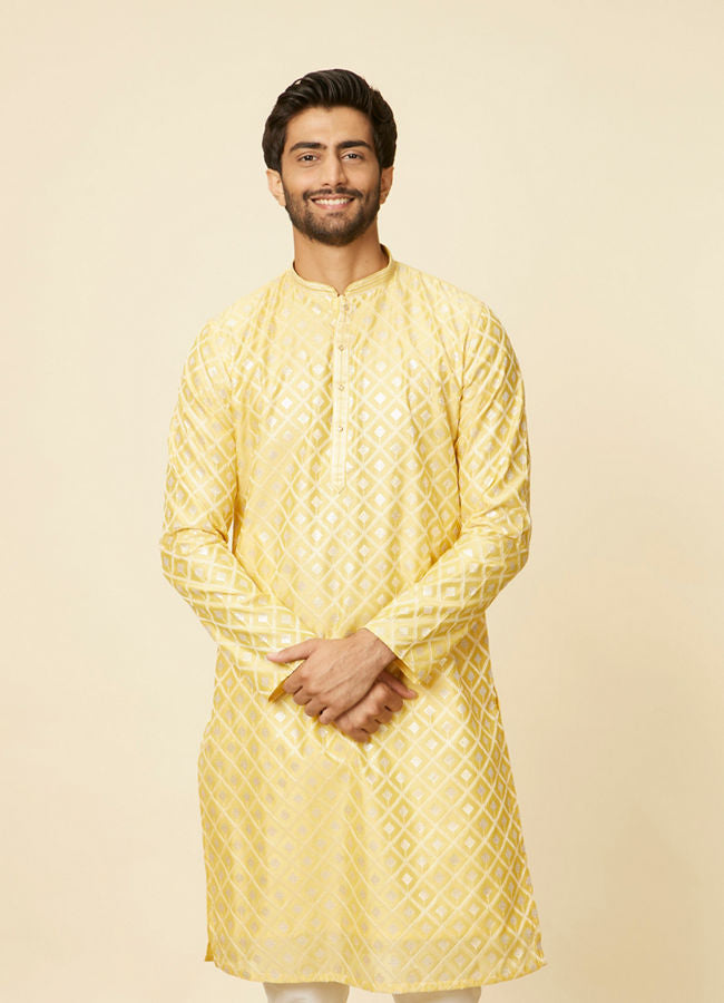 Manyawar Sunny Yellow Grid Patterned Kurta Set - India shopping