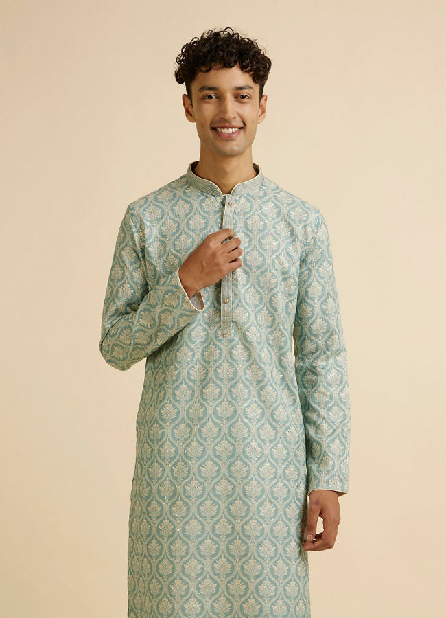 Manyawar Light Mid Green Medallion Patterned Kurta Set - India shopping