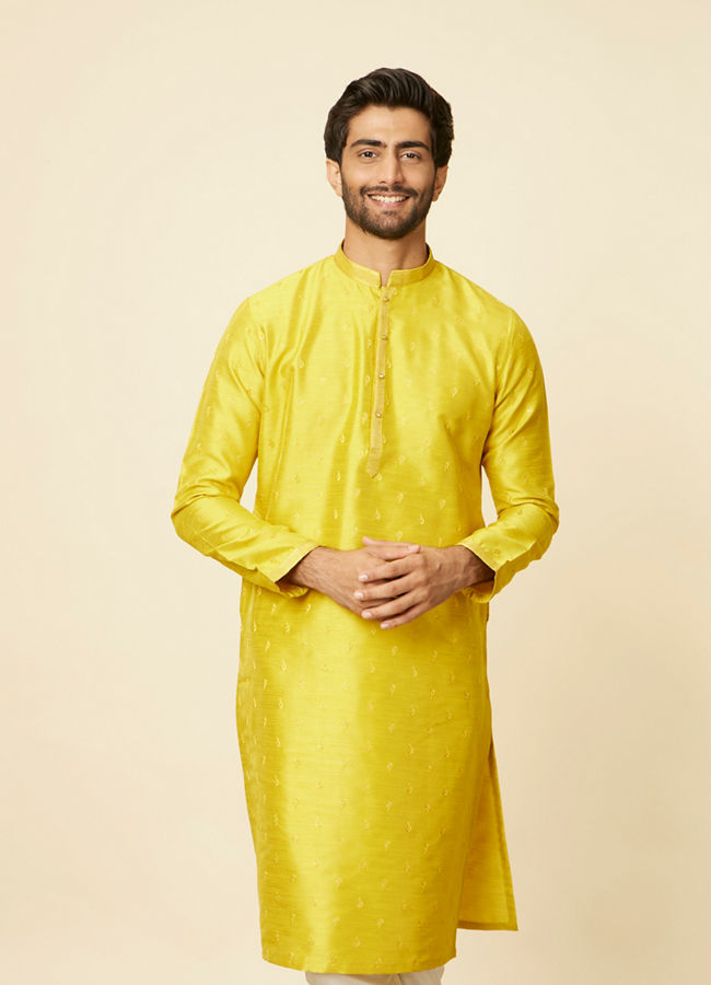 Manyawar Mustard Yellow Ditsy Floral Printed Kurta Set - India shopping