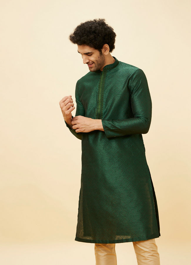 Manyawar Pine Green Embroidered Placket Kurta Set - India shopping