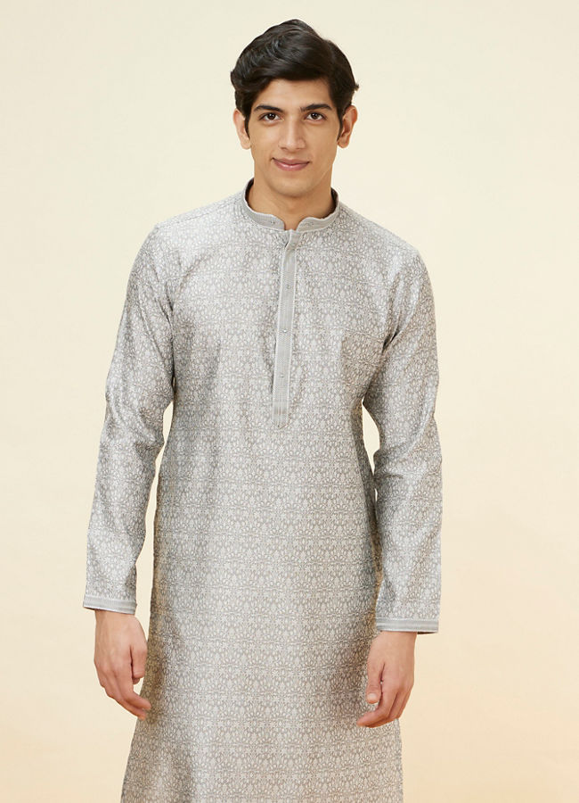 Manyawar Light Grey Floral Jaal Patterned Kurta Set - India shopping