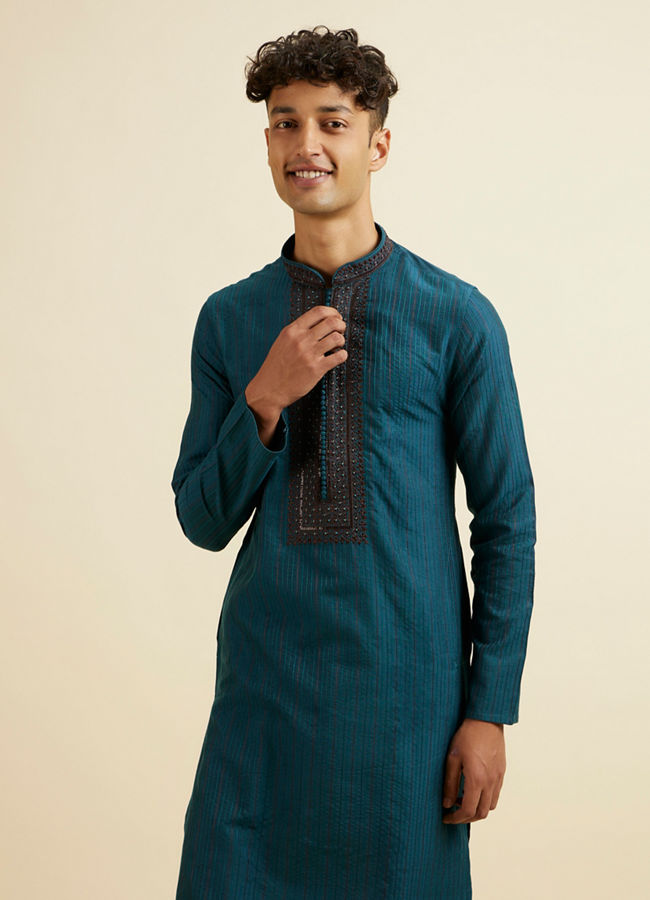 Manyawar Teal Blue Striped Kurta Set - India shopping