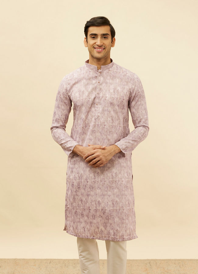 Manyawar Lavender Rose Pink Jaal and Floral Print Kurta Set - India shopping