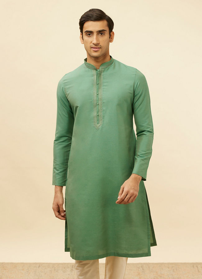 Manyawar Emerald Green Embroidered Neckline Kurta Set - India shopping
