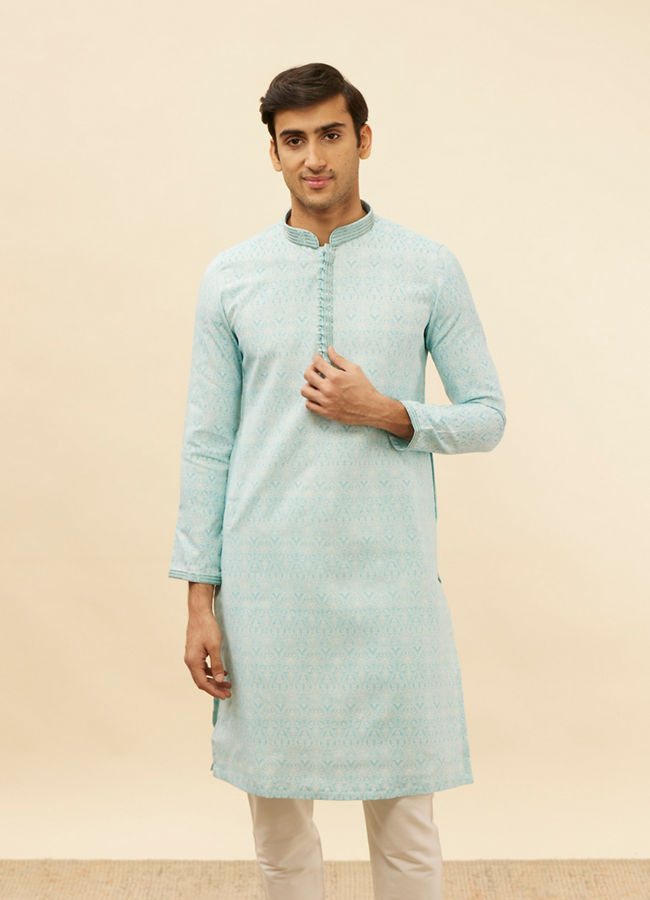 Manyawar Sea Blue Imperial Patterned Kurta Set - India shopping