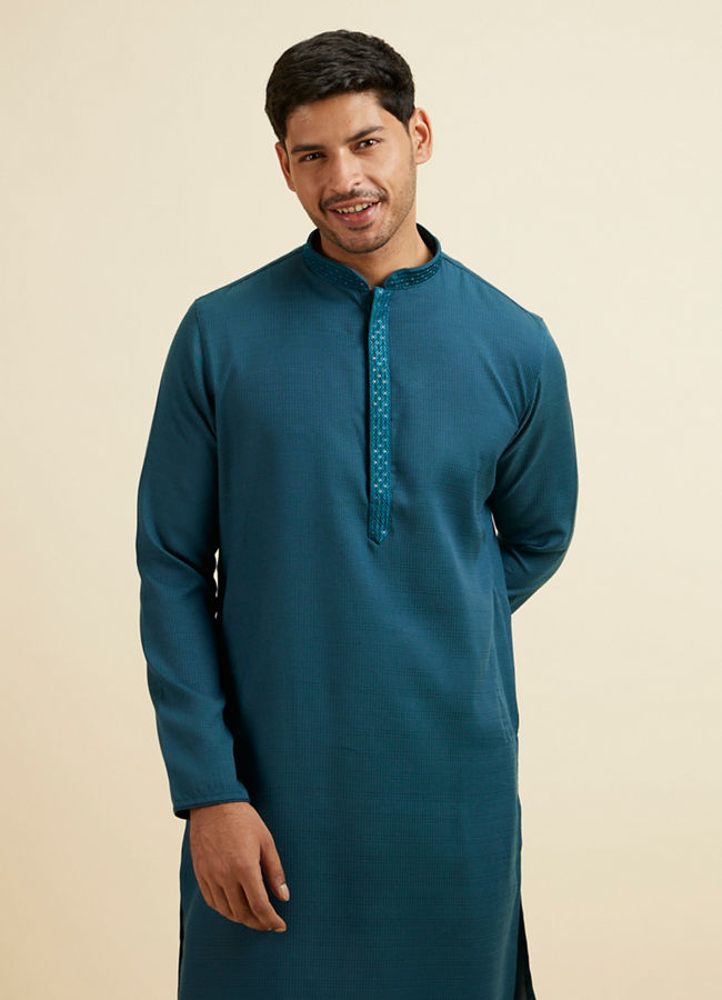 Manyawar Teal Blue Plain Kurta Set - India shopping