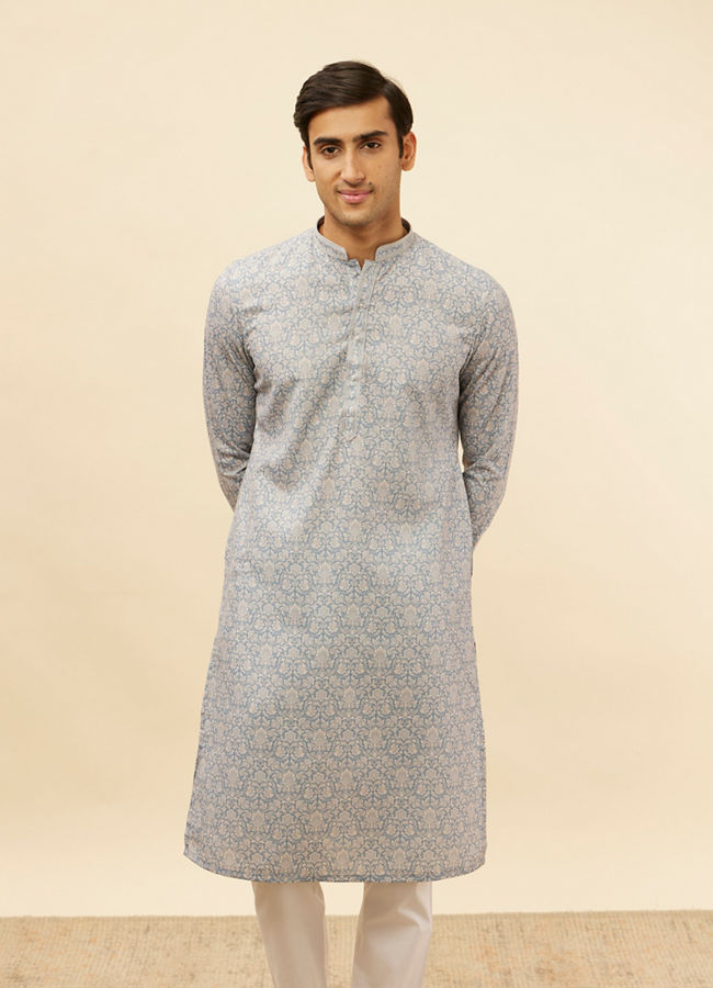 Manyawar Misty Grey Floral Printed Kurta Set - India shopping