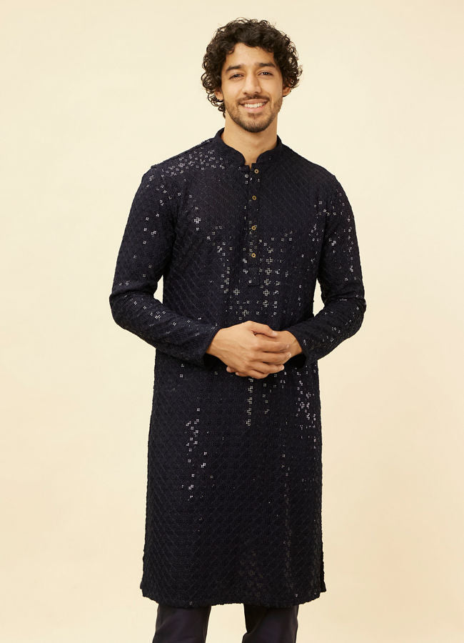 Manyawar Royal Blue Chikankari Embroidered Sequinned Kurta Set - India shopping