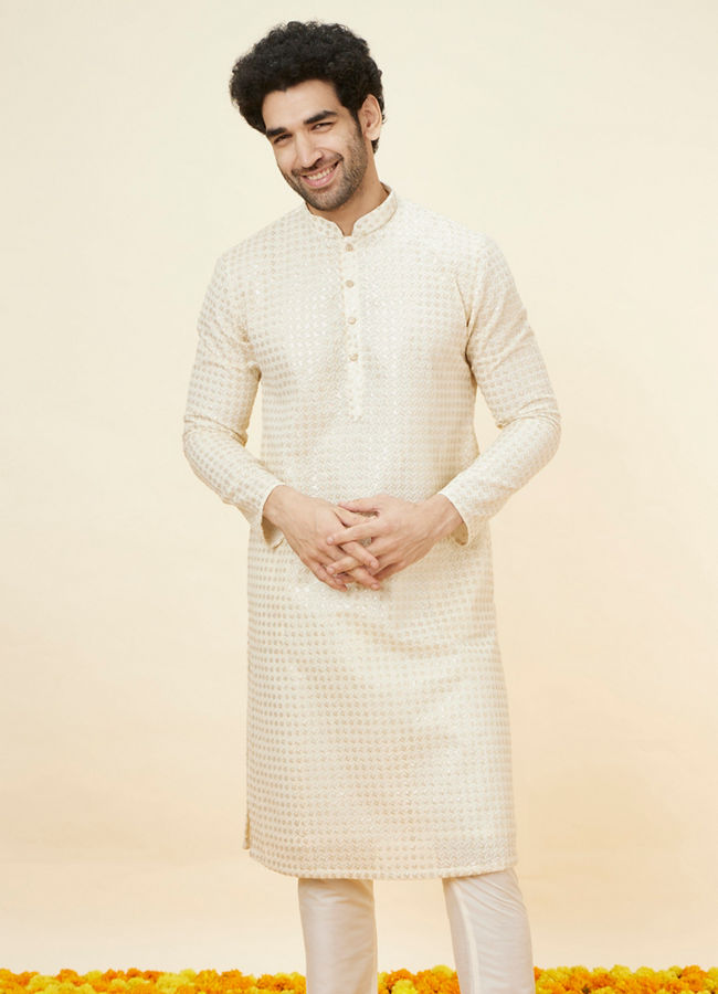 Manyawar Buttercream Ditsy Floral Chikankari Kurta Set - India shopping