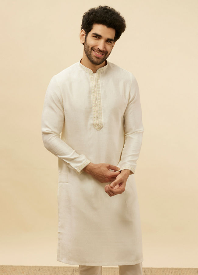 Manyawar Warm White Embroidered Neckline Kurta Set - India shopping