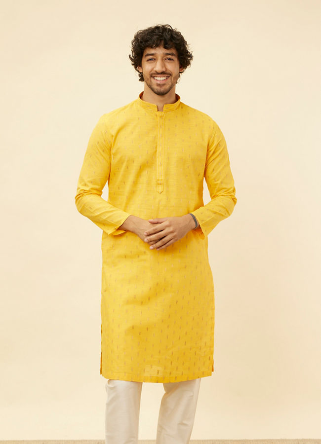 Manyawar Mustard Yellow Fern Buta Motif Patterned Kurta Set - India shopping