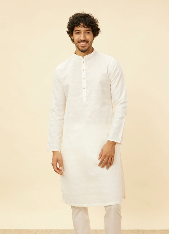 Manyawar Warm White Grid Patterned Kurta Set - India shopping