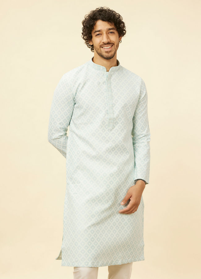 Manyawar Aquamarine Blue Grid Patterned Kurta Set - India shopping