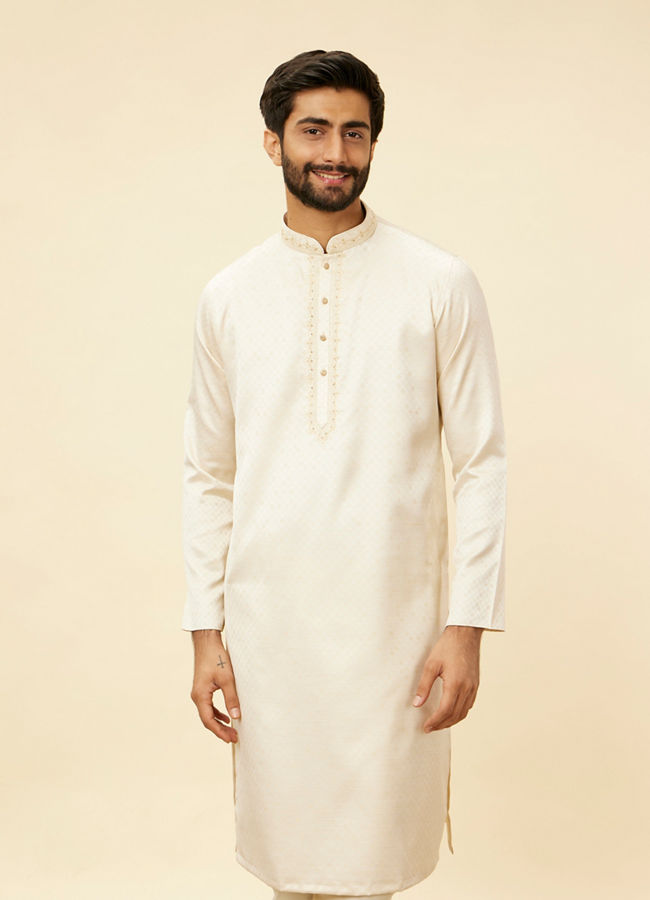 Manyawar Sea Salt White Embroidered Neckline Kurta Set - India shopping