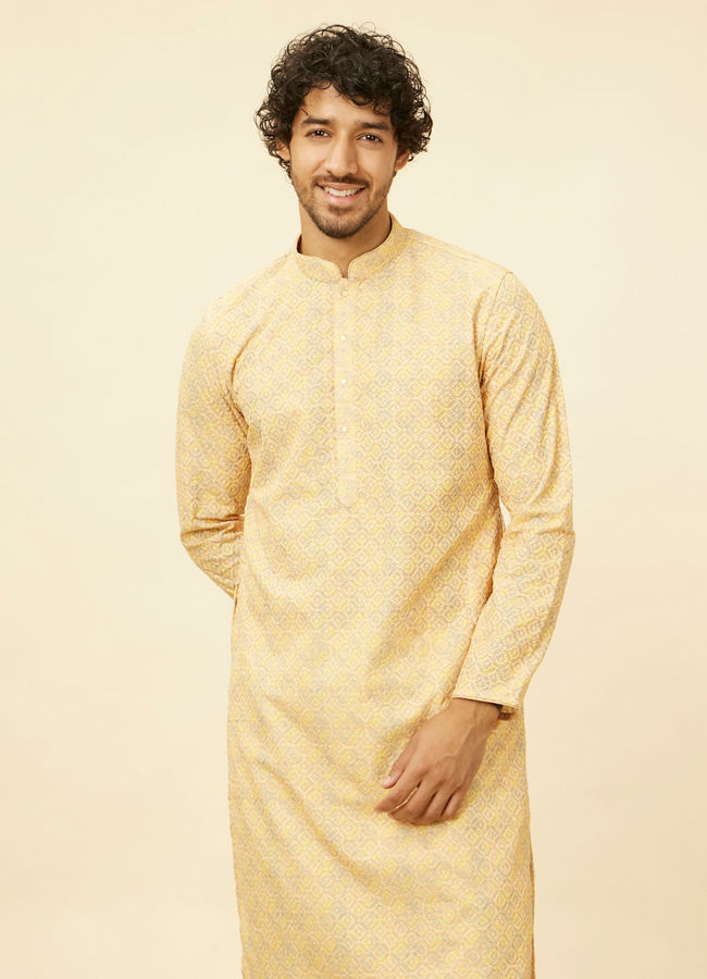 Manyawar Peach Yellow Chikankari Embroidered Kurta Set - India shopping