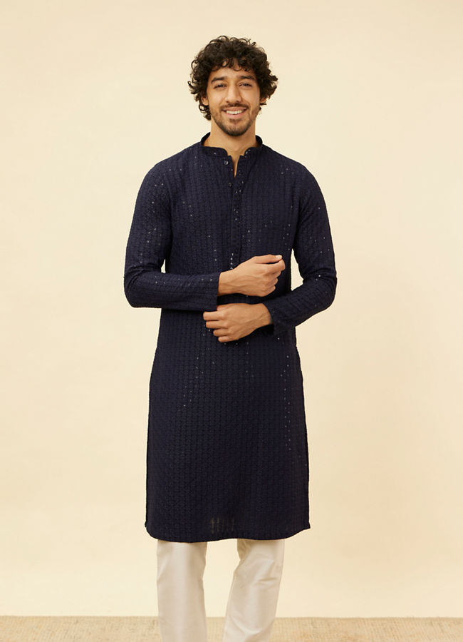 Manyawar Navy Blue Chikankari Sequinned Kurta Set - India shopping