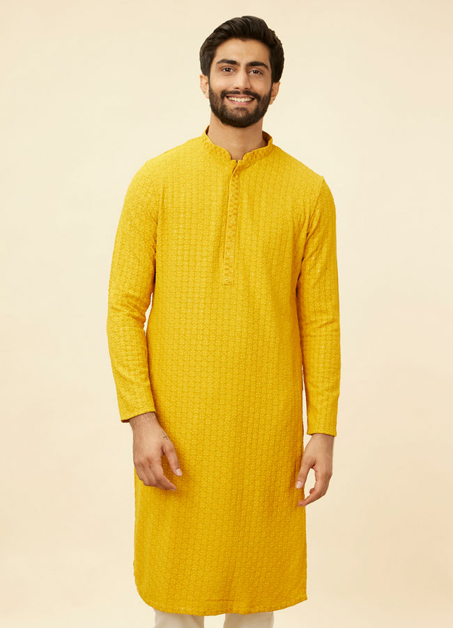 Manyawar Mustard Yellow Chikankari Sequinned Kurta Set - India shopping