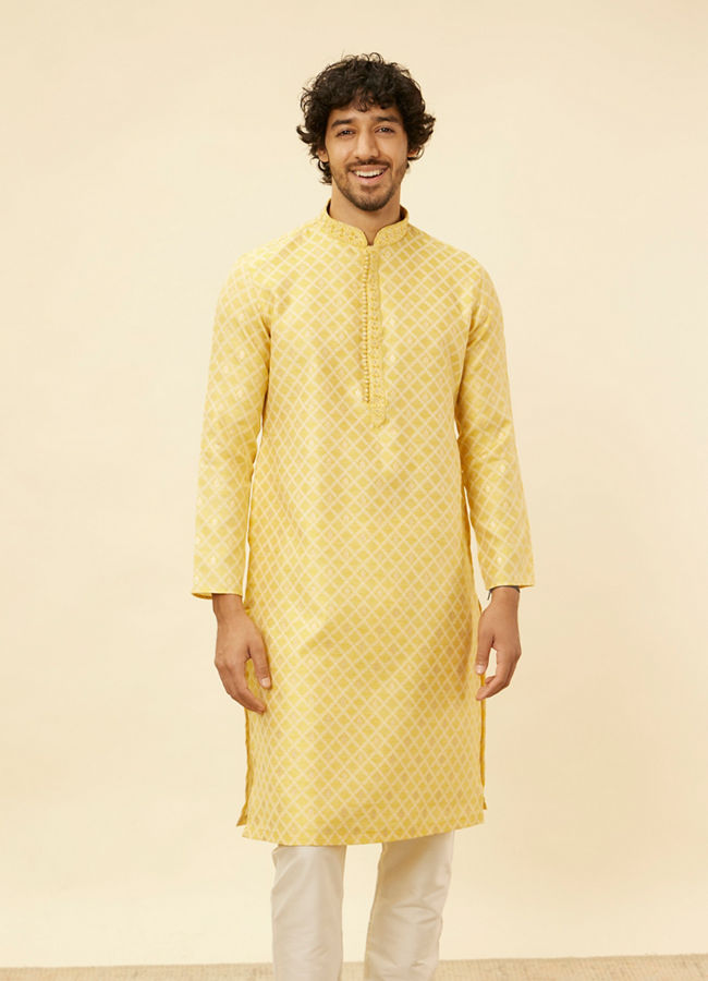 Manyawar Crayola Yellow Floral Buta Patterned Kurta Set - India shopping