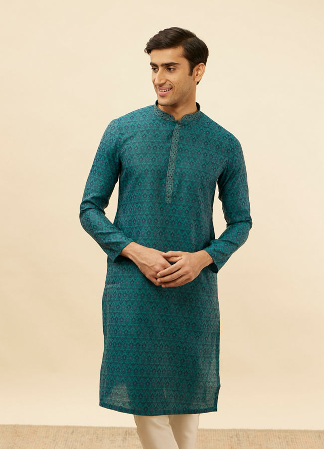 Manyawar Teal Blue Imperial Patterned Kurta Set - India shopping