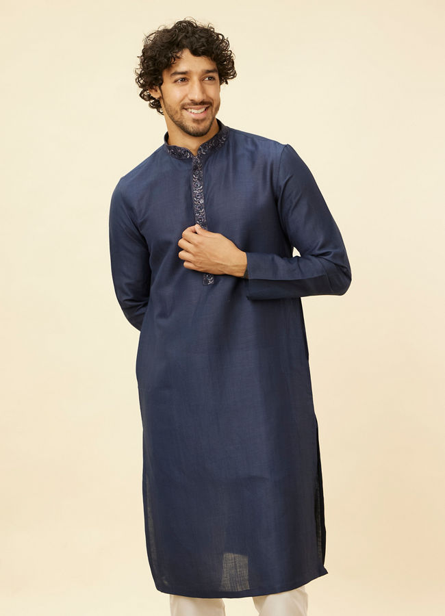 Manyawar Navy Blue Embroidered Bandhgala Kurta Set - India shopping