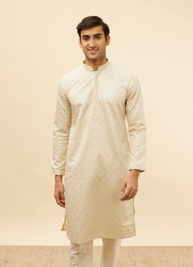 Manyawar Pearl White Jaal Embroidered Sequinned Kurta Set - India shopping