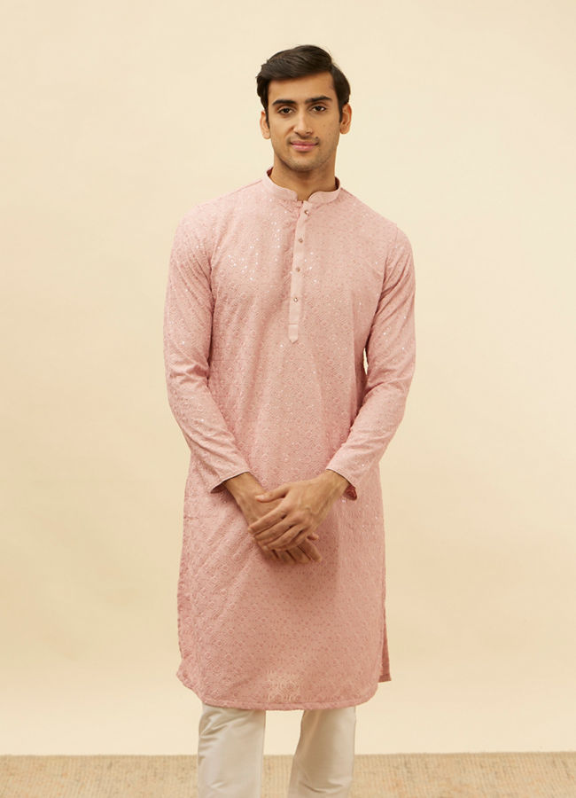 Manyawar Rose Pink Chikankari Sequinned Kurta Set - India shopping