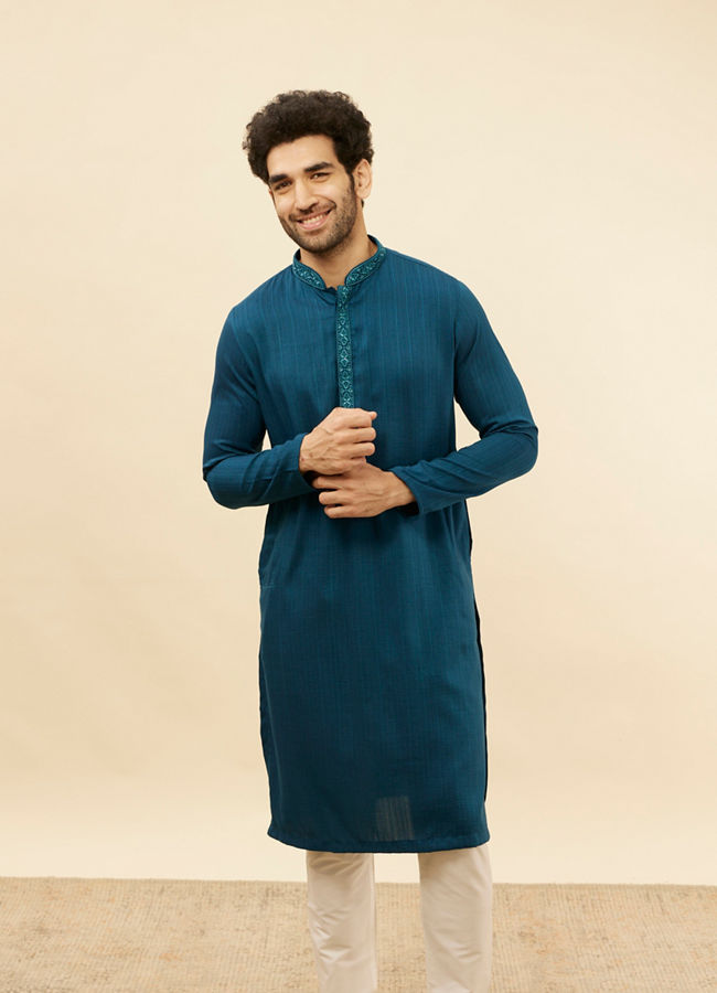 Manyawar Azure Blue Embroidered Placket Kurta Set - India shopping
