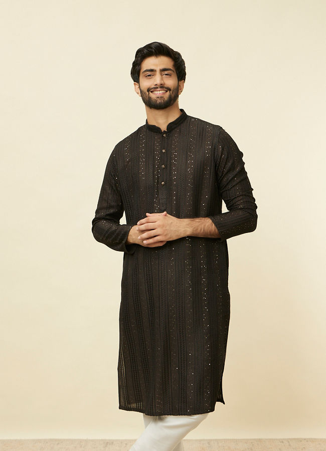 Manyawar Midnight Black Linear Patterned Kurta Set - India shopping
