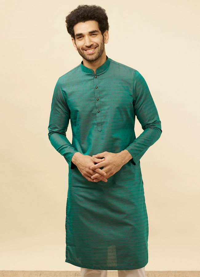 Manyawar Teal Green Self Striped Kurta Set - India shopping