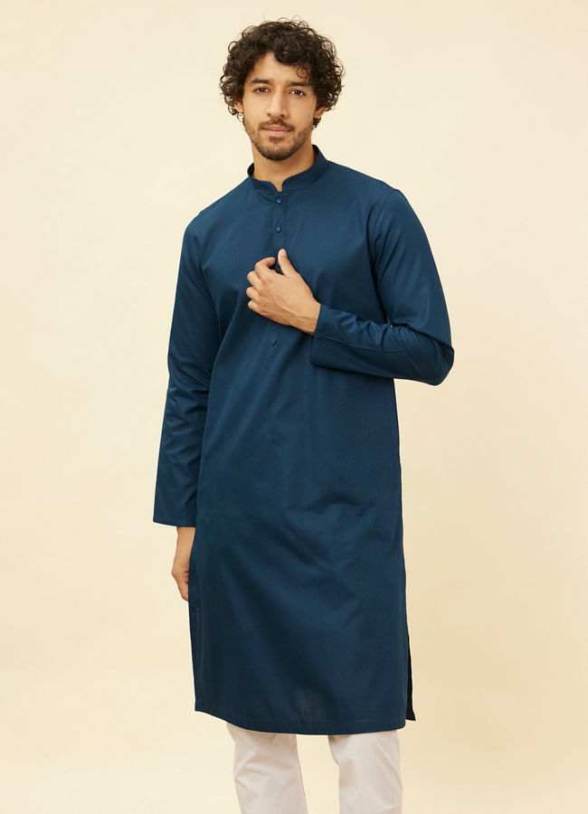 Manyawar Turquoise Blue Self Patterned Kurta Set - India shopping