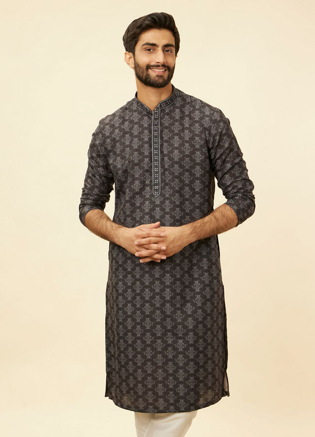 Manyawar Charcoal Black Imperial Printed Kurta Set - India shopping